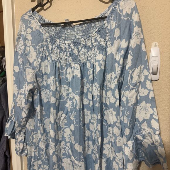 New Directions Womens Blue Floral Smocked Dress Ruffled Peasant sz L lyocell - Picture 8 of 8
